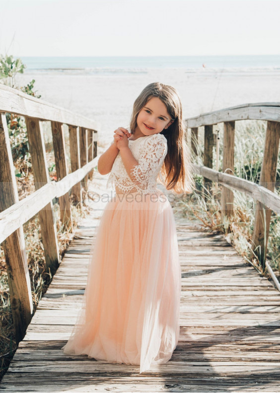 Two Piece Ivory Lace Top Blush Pink Tulle Skirt Flower Girl Dress